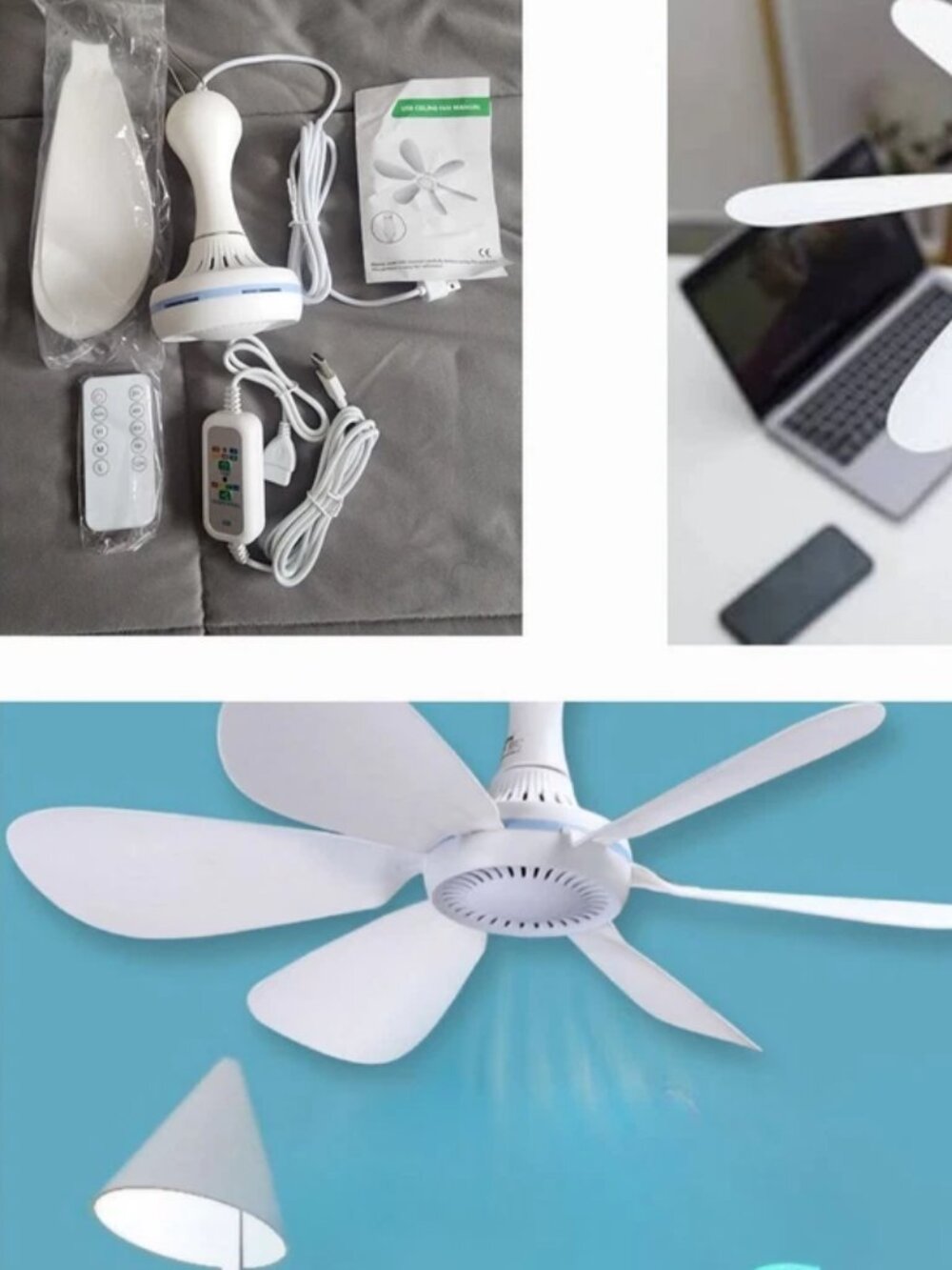 Portable Hangin USB Rechargeble Ceiling Fan Sport Camping Remote Control 6 Blade